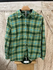 Talbots Women's Green & Aqua Plaid Long Sleeve Cotton Button Down Shirt Size Med