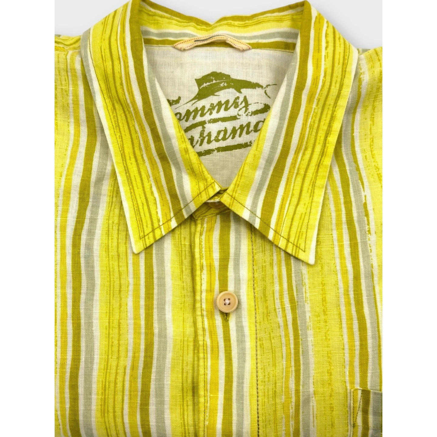 Tommy Bahama Striped 100% Linen Shirt Mens XL Yellow Green Button Front Tropical
