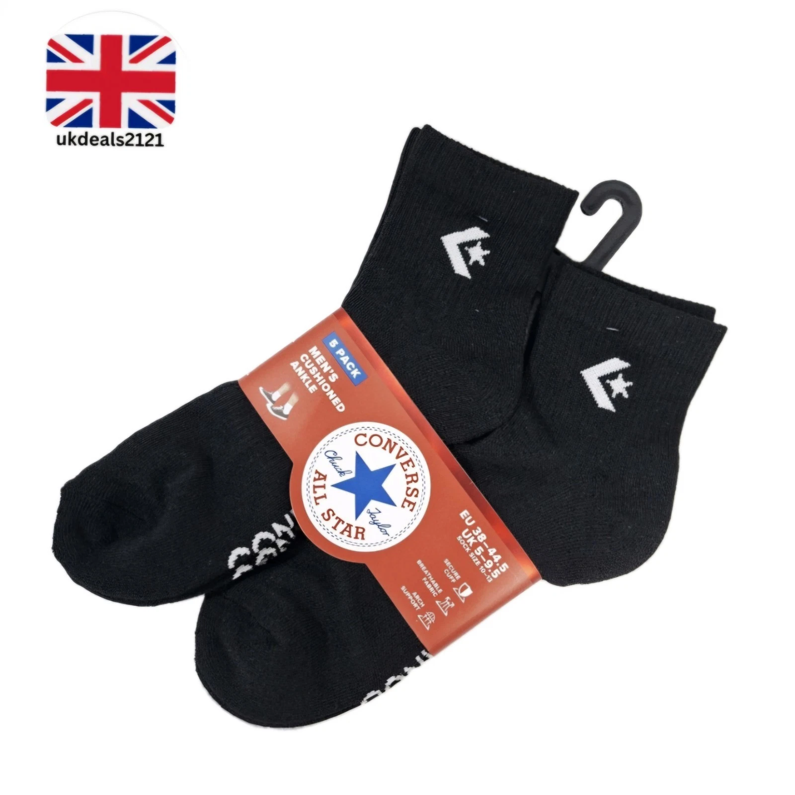 Converse Mens Socks UK 5-9.5 EU 38-44.5 Black Grey White 5 Pack Ankle Cushioned