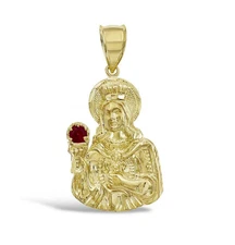 Saint Barbara Simulated Ruby Pendant Mens Charm 10k Yellow Gold 2.1 inch