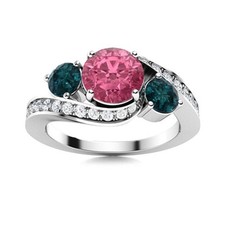 925 Sterling Silver Round Pink Topaz  London Blue Topaz Three Stone Women Ring