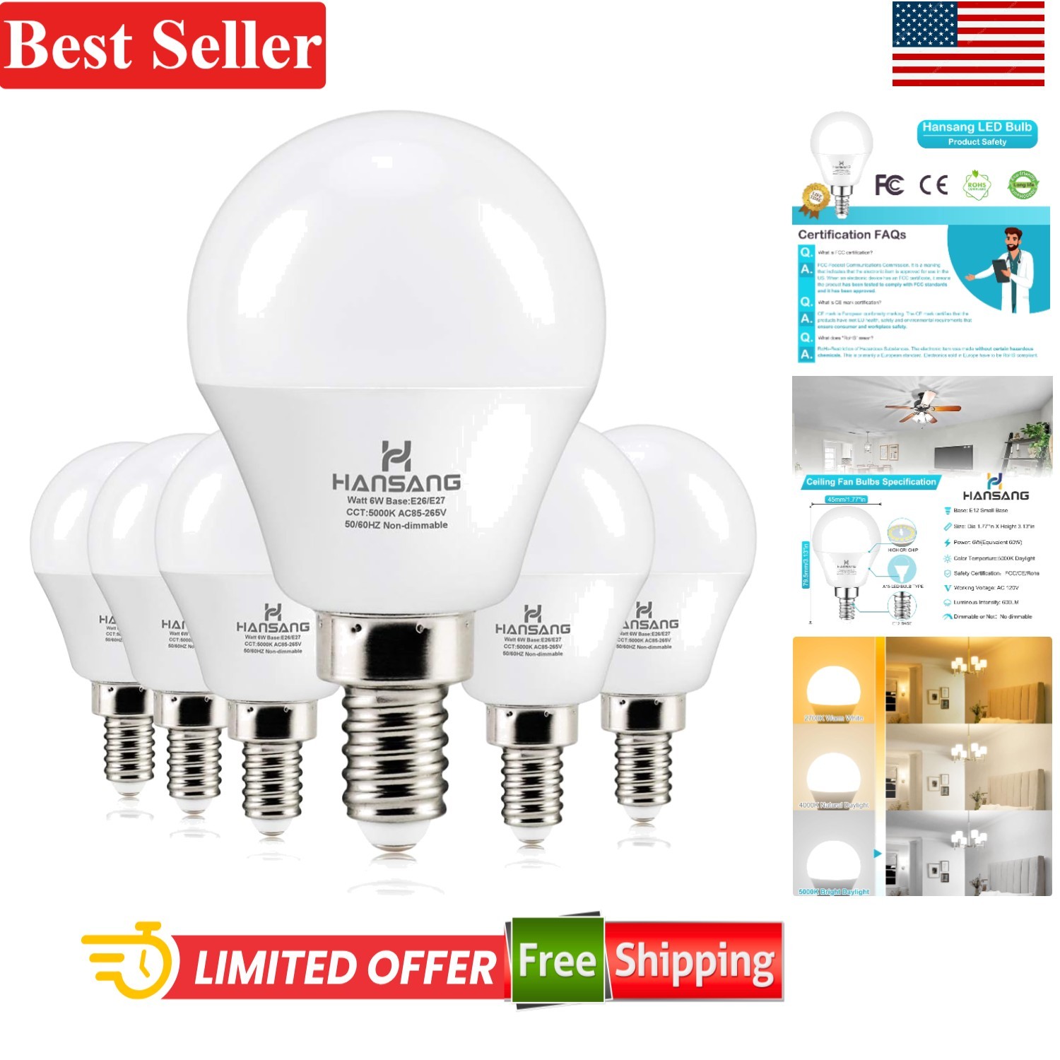 - 600 Lumen, Daylight 5000k, 6 Pack For Ceiling Fans
