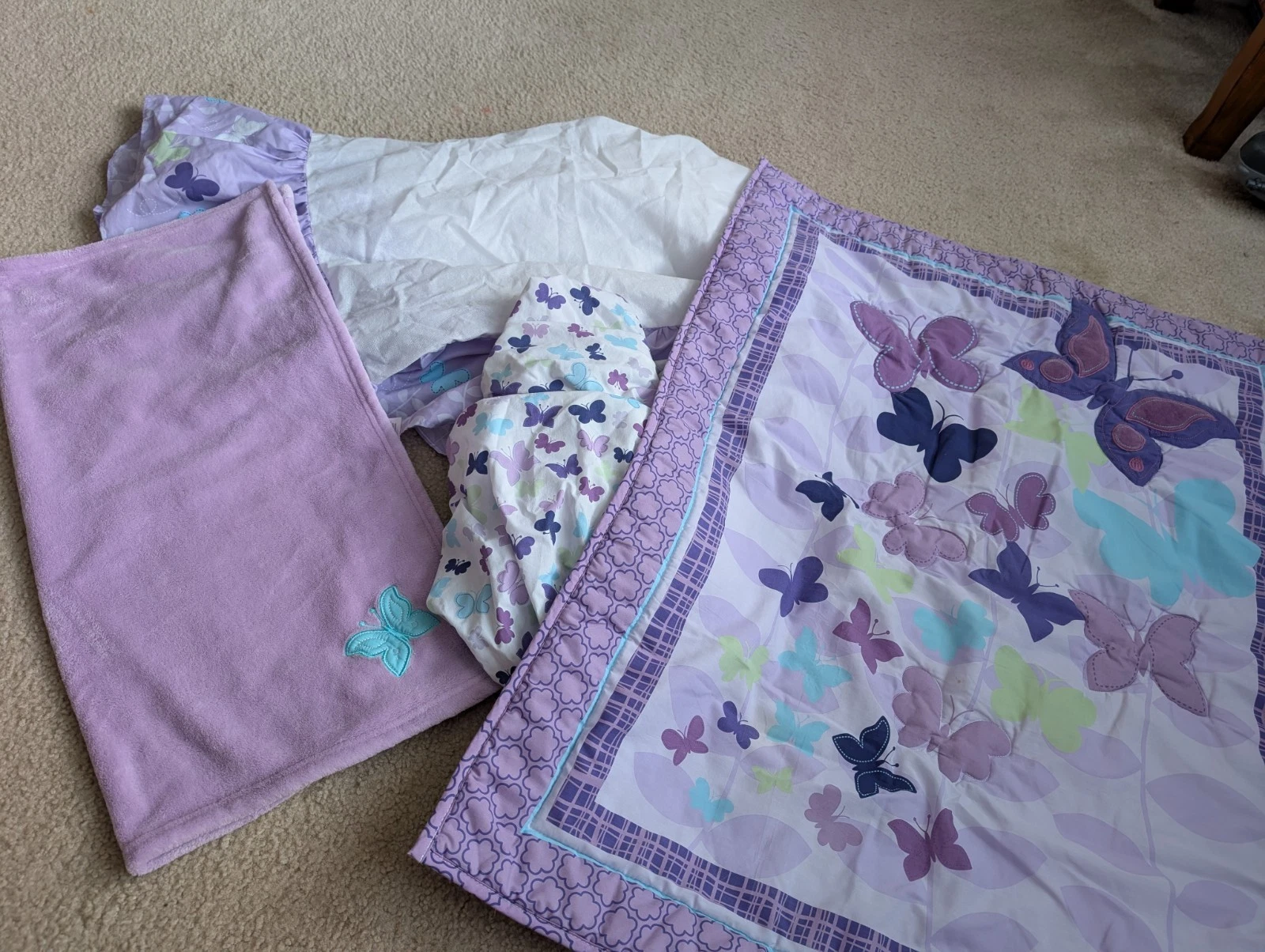 4-Piece Purple Butterfly Crib Bedding Set for Girls - Comforter, Skirt & Sheet