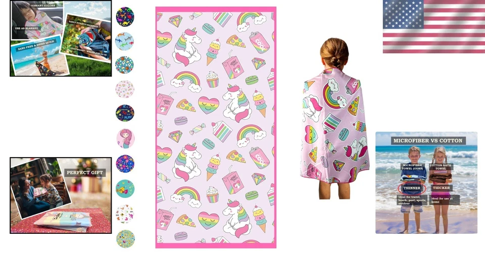 Kids Microfiber Beach Towel 30"x60" - Unicorn Design, Quick Dry & Lightweight - Image 2 of 4