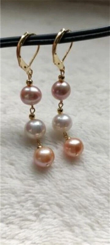 lindos brincos de pérola rosa roxo branco 9-10 mm do mar do sul ouro amarelo 14k - Imagem 2 de 3
