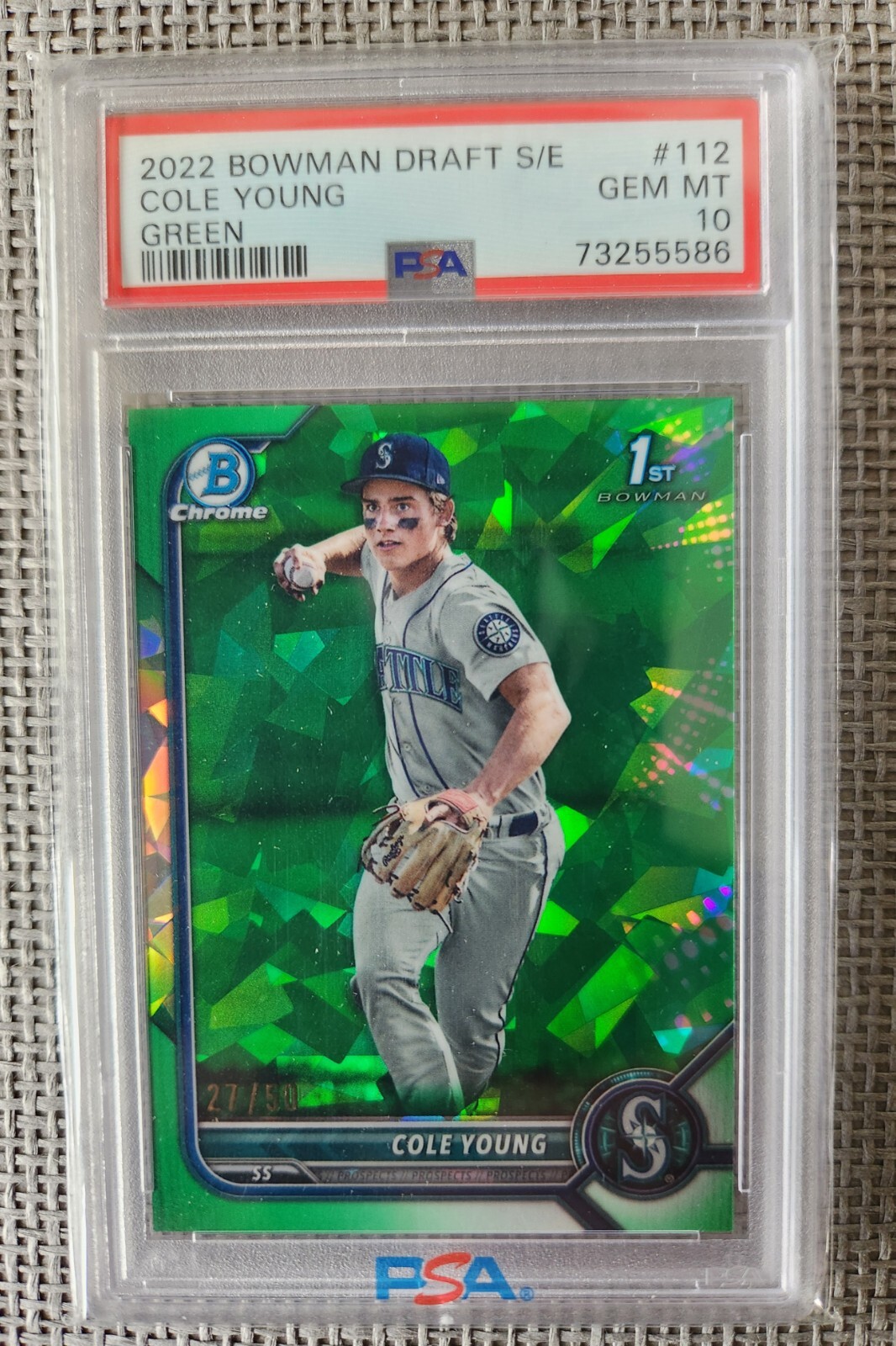 Cole Young 2022 1st Bowman Chrome Draft Green Sapphire /50 - PSA 10 Gem Mint
