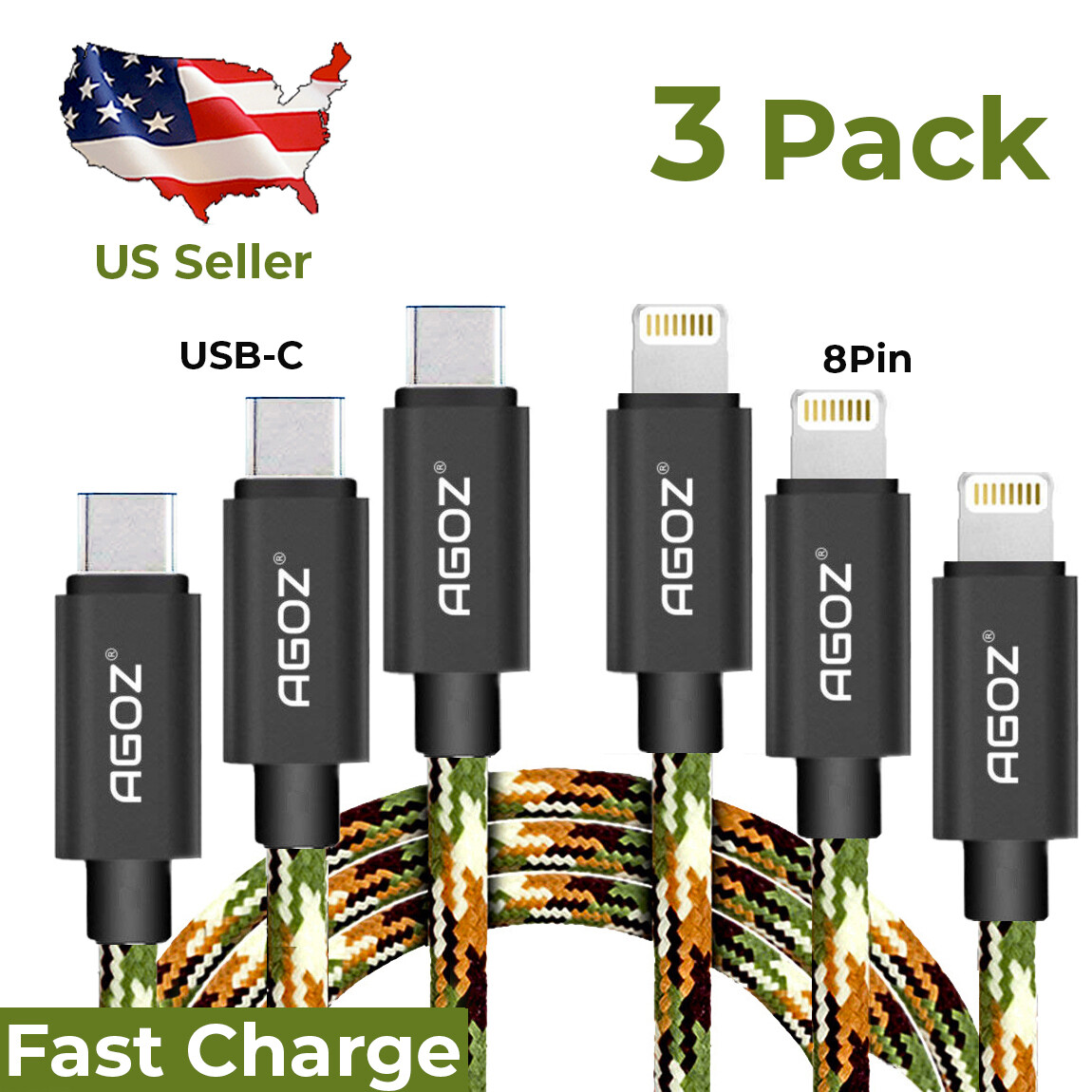 3Pack CAMO USB C to iPhone Cable Fast Charger for iPhone 14 PRO MAX 13 12  11 XS