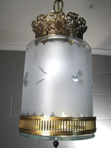 Pendant Light Vintage Wheel Cut Glass Etched Globe Brass Plated Restored Rewired - Afbeelding 1 van 10