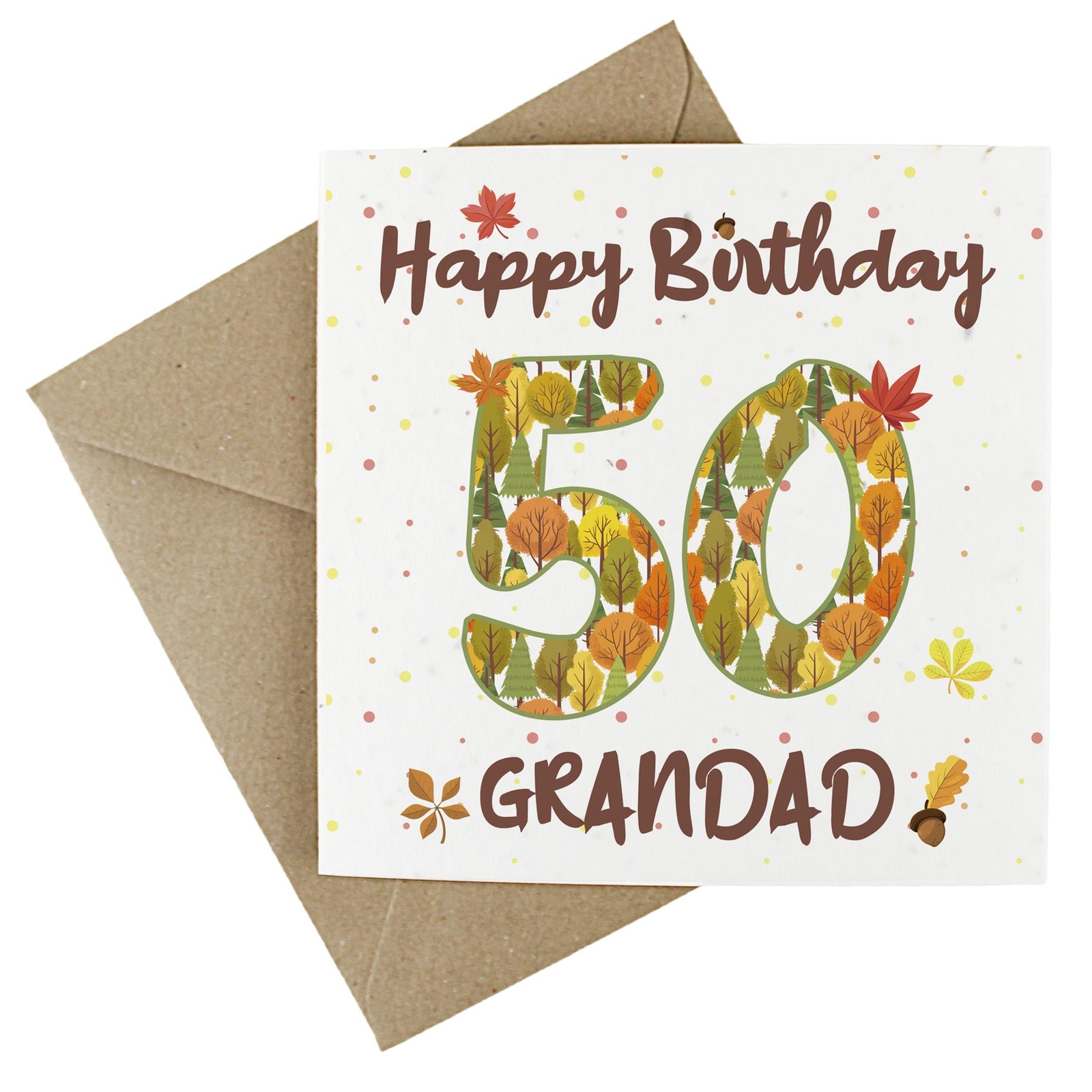 Grandad 50th Birthday Age Card - Autumnal Leaves & Trees Wildflower Seed Card