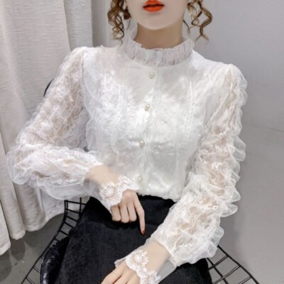 Damen Spitzenshirt Stehkragen Spitzenbluse Langarm Knopfleiste Oberteile Plissee