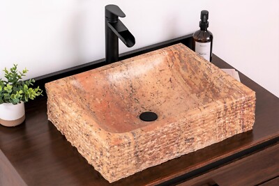 Natural Stone Vessel Bathroom Sink - Rustic Rectangular Peach Travertine