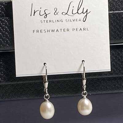 Iris & Lily Sterling Silver Freshwater Pearl Teardrop Leverback Earrings NEW