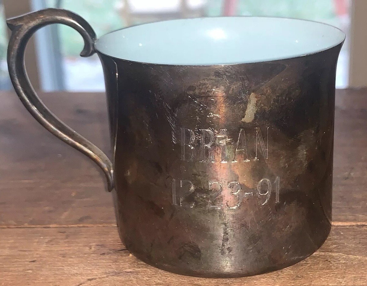 Vintage Reed & Barton 865 Silver Plate Child Cup Mug Blue Enamel