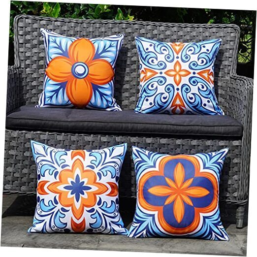 Outdoor Waterproof Pillow Covers Set of 4 18x18 Blue Orange-image