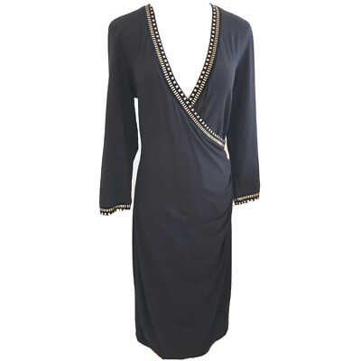 Carmen Marc Valvo 3/4 Sleeve Black Dress Womens Size L V Neck Faux Wrap  Studded | eBay