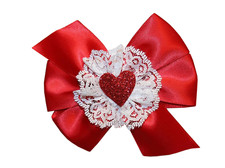 WD2U Girls Red Satin  Lace Glittered Heart Valentines Hair Bow French Clip