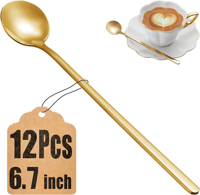 12 Pcs Coffee Spoons Set, 6.7'' Gold Tea Spoons Long Handle, Stirring Spoons, Gol