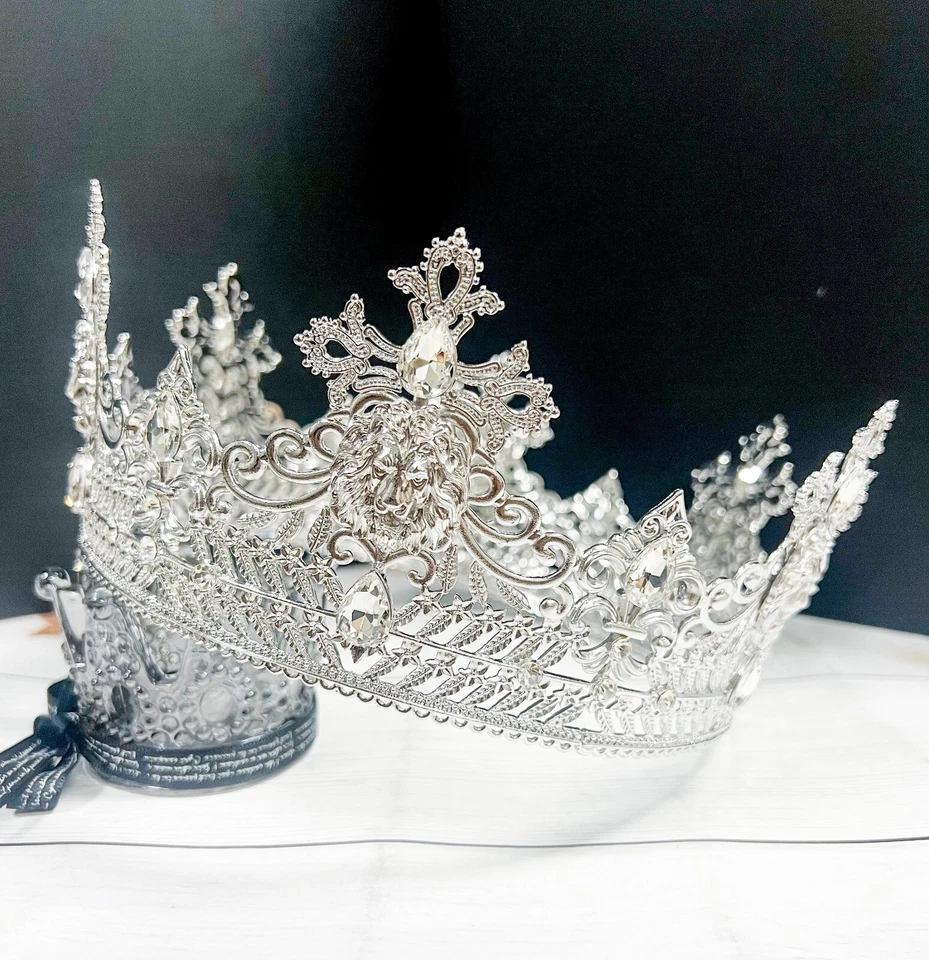 Corona de Plata Rey León, Corona de Boda Príncipe, Corona de Cristal Transparente para Novio Foto 4 de 4