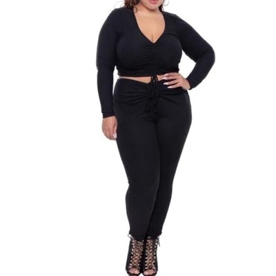 Curvy Sense Front Ruched Long Sleeve Top & Pants Set Black Top 3X Pants 1X $70