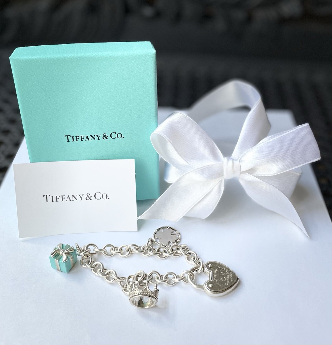 Tiffany & Co Silver Charm Love Lock Bracelet W/ Crown, Clover