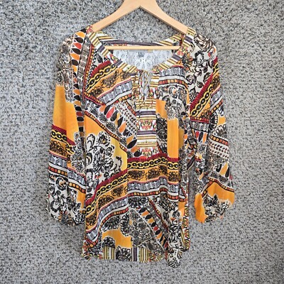 Figueroa & Flower Top Womens XL Yellow Printed Sheer V Neck Tie Blouse Casual