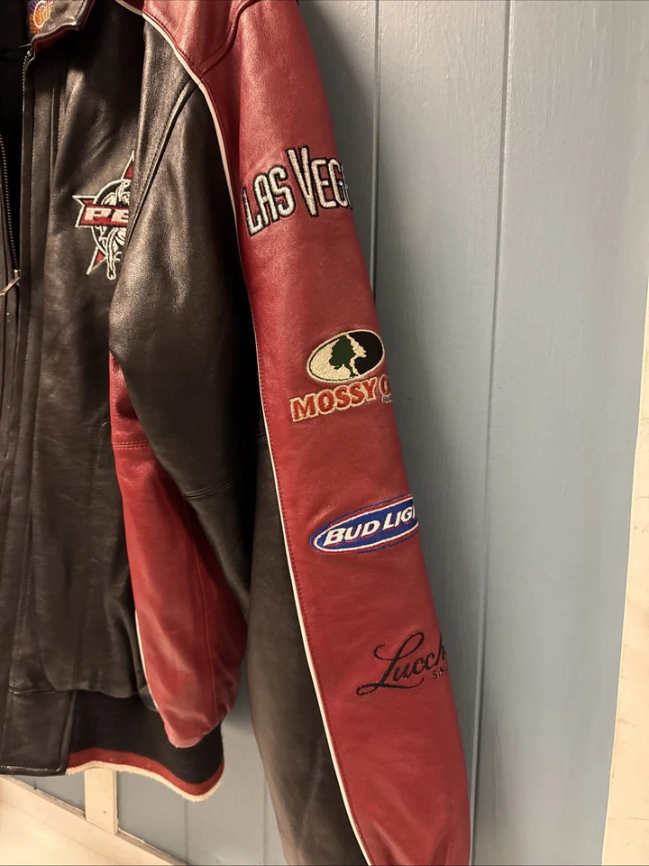 Vtg Cripple Creek PBR Leather Bomber Jacket Red Black w/ Patches Men’s Size M - Image 3 of 4