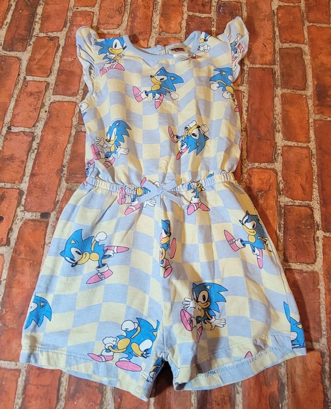 Sonic the Hedgehog Girls Romper Size 4 Checkered Blue Yellow Flutter Sleeve