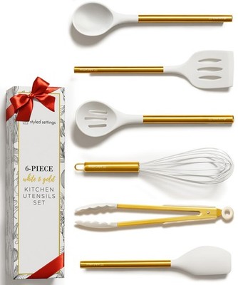 White Silicone and Gold Kitchen Utensils Set for Modern Cooking and Serving S