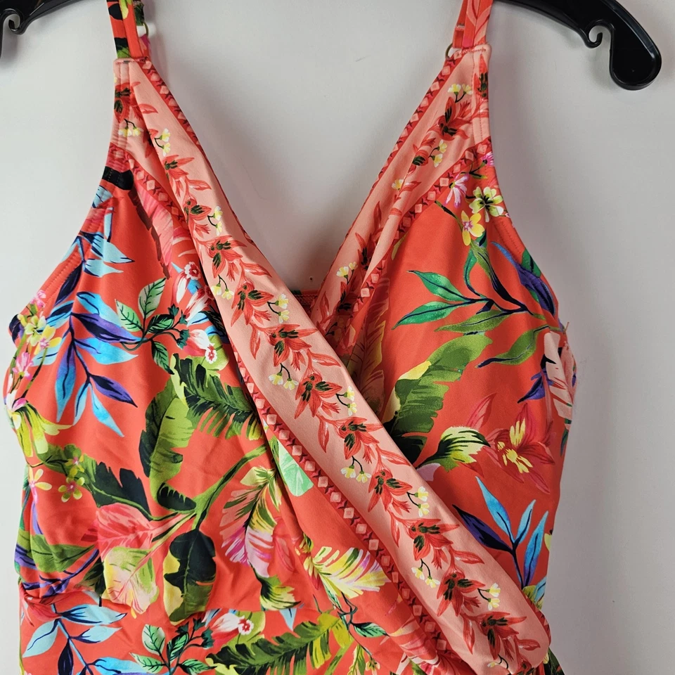 Vestido de baño Lands' End L 14 16 floral tropical naranja envolvente de tulipán de una pieza Foto 3 de 4
