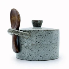 8 oz Ceramic Salt Cellar with Lid  Wooden Spoon,Countertop Salt Container,Sug...