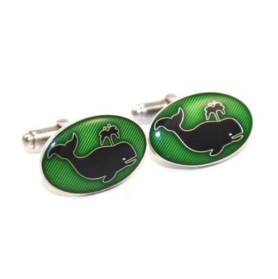 Brooks Brothers  Sterling Silver Green Enamel Whale Cufflinks Vintage 80s Style