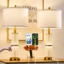 Crystal Table Lamps Modern 3-Way Dimmable Bedside Lamp with 2 USB Ports  AC ...