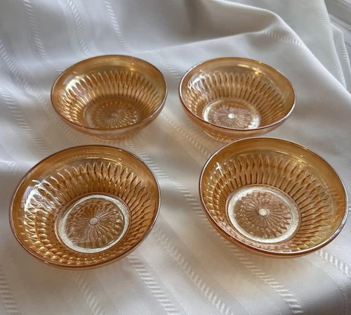Set Of 4 Jeanette Carnival Glass Marigold Diamond Iridescent Small Glass Bowls