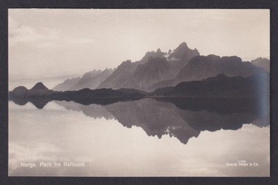 Vintage postcard Raftsund Lofoten Norway fjord mountains reflection Mittet 1930s