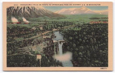 Vintage Linen Postcard Snoqualmie Falls WA Cascade Mountains Highway 10 1947