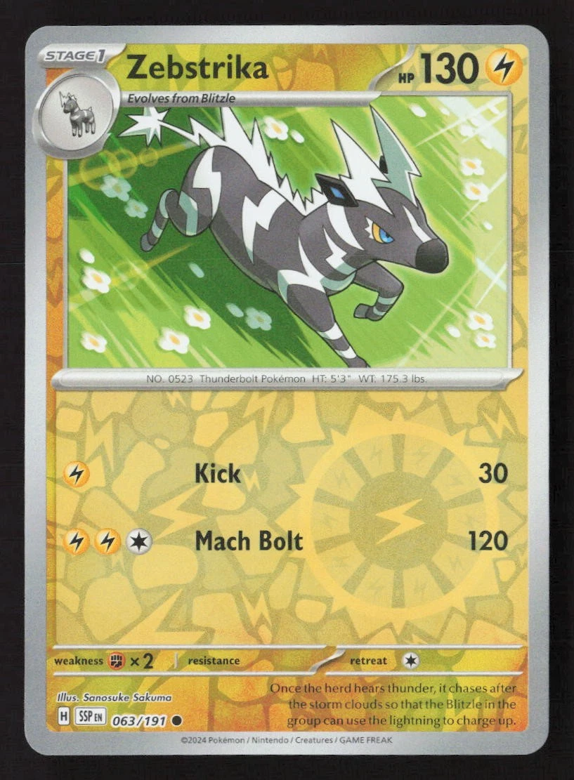 pokemon zebstrika card Pokemon Zebstrika - 82/214 - Rare Reverse Holo Card - SM8 Lost Thunder