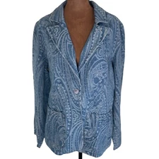 Solitaire Paisley Denim Blazer Jacket Women's Large Blue Distressed Look NWT