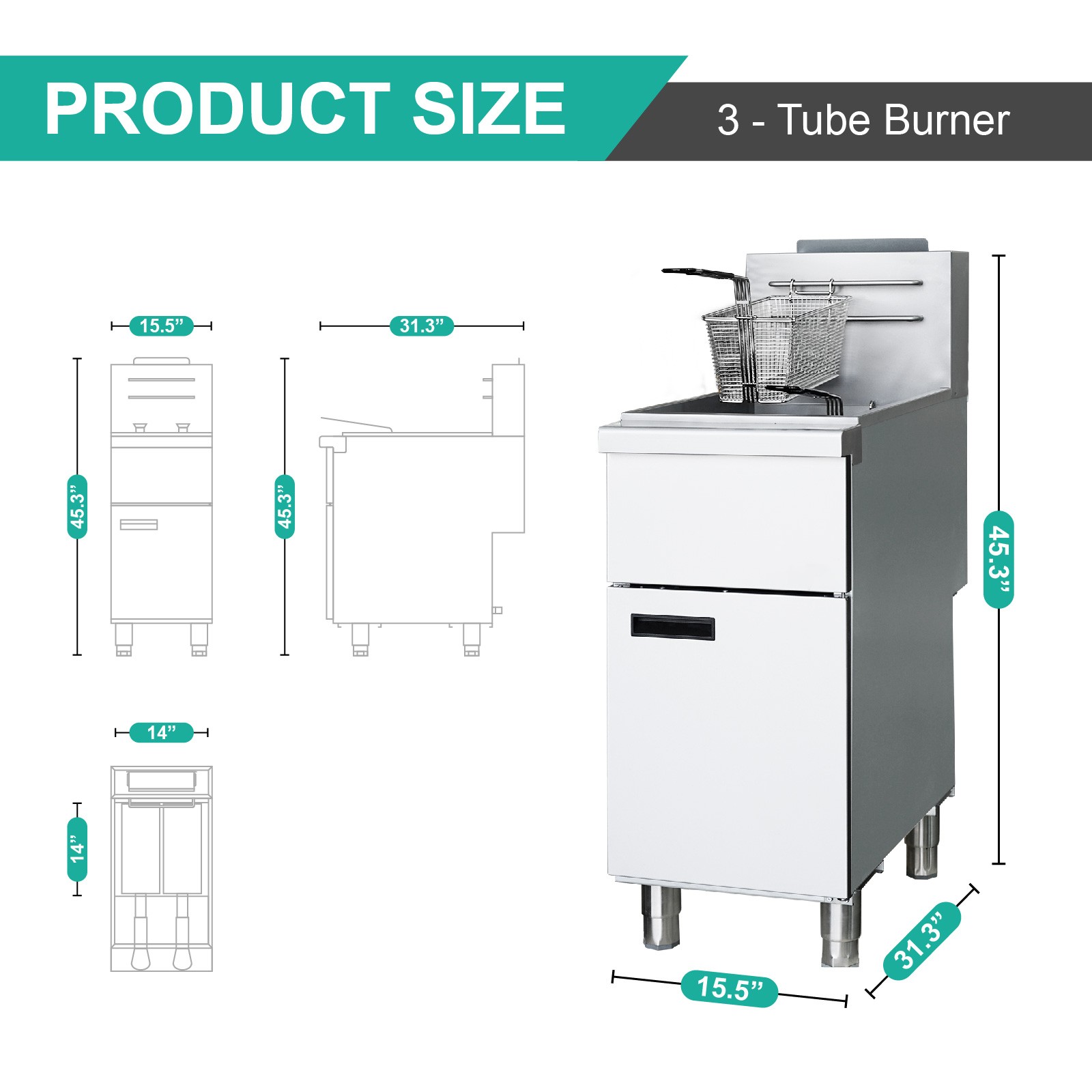 Commercial Floor Gas Deep Fryer 3 Burners Liquid Propane 40 Lbs 90000 BTU CSA