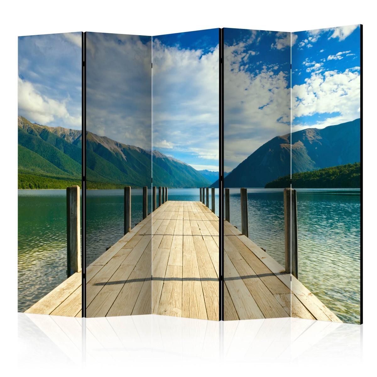 Paravent 5 volets premium Mountain Lake Bridge en bois de pin et toile mate