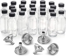 24 Pack, 2 oz Small Clear Glass Bottles w/ Lid  6 Stainless Steel Funnels -