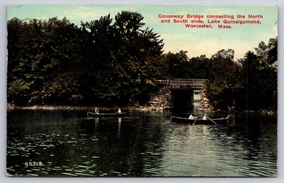 Postcard Worcester MA Causeway Bridge Lake Quinsigamond Boats USA Posted 1911