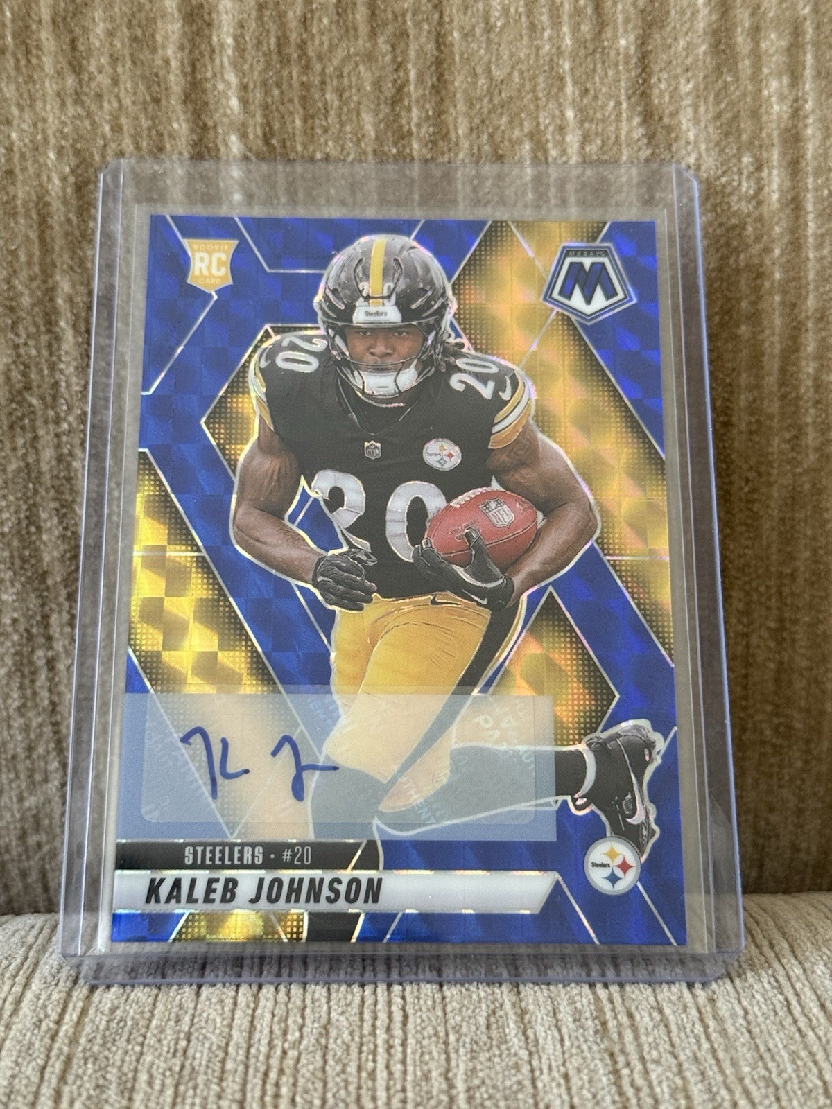 2025 Panini Mosaic Football #315 Kaleb Johnson Blue Rookie Auto /99 RC Steelers