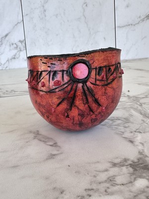 Vintage One-of-a-kind Paper Mache Small Bowl With Hand Painted Details 3 inches