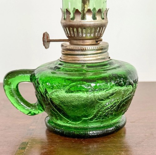 Vintage Pair Of Green Glass Miniature Oil Lamps - Picture 5 of 17