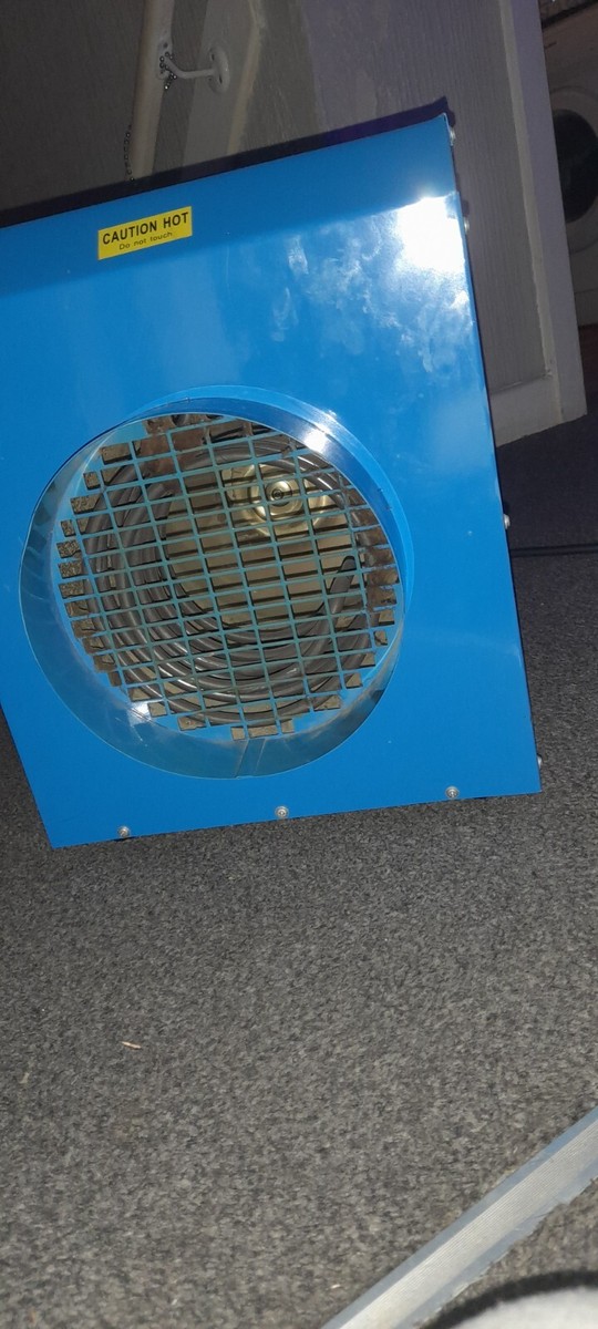 Large blue portable broughton electric heater FF3 with duct