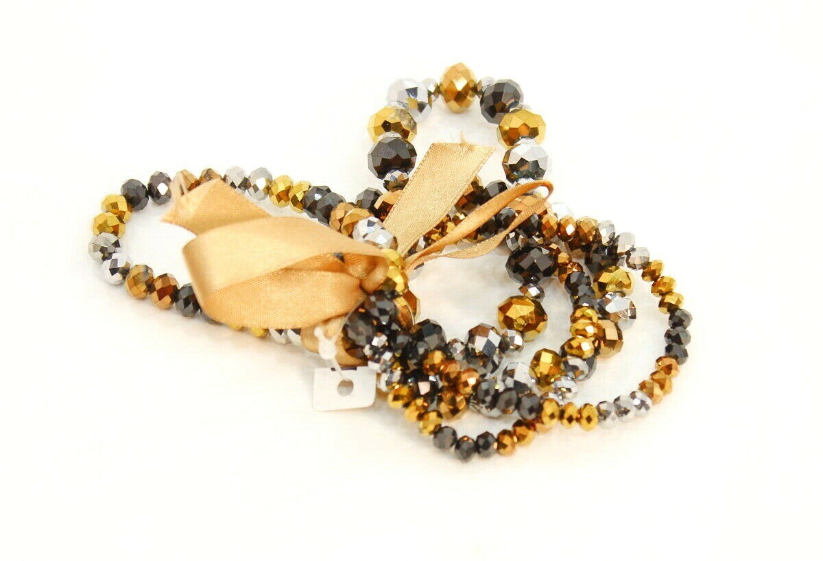 Bracelet Set Of 5 Gold Silver Black Set Beaded Cut Glitter 
