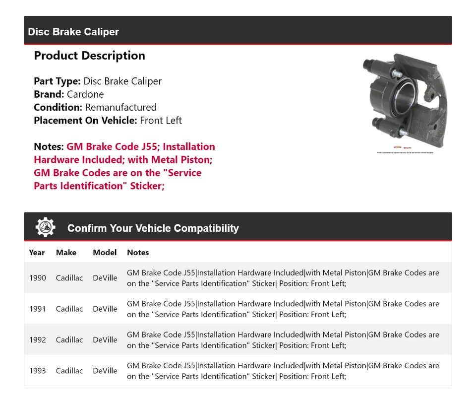Pinza de freno de disco delantera izquierda Cardone 1991 1992 para Cadillac DeVille 1990-1993 Foto 2 de 4