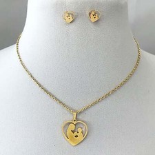 Gold Finish Mother and Child Son Daughter Heart Pendant and Earrings Set