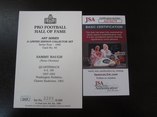 1992 Sammy Baugh Goal Line Art Card Autograph Signed Auto Card JSA Washington - Picture 3 of 3