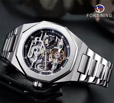 Herren Forsining Silber Edelstahl Automatik AP Skelett Uhr (zieht sich selbst auf)